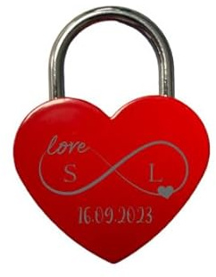 minimutz Liebesschloss mit Gravur und Schlüssel – individuell personalisiert mit Unendlichkeitszeichen Namen Initiale Datum Paare – Schloss in Herzform für Sie und Ihn Valentinstag (rot)