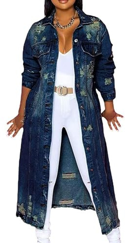 Agiyenna Giacca di Jeans da Donna Giacca di Jeans Lunga ed Elegante Giacca di Transizione Vintage Strappata Monopetto in Denim Giacca Casual con Bottoni