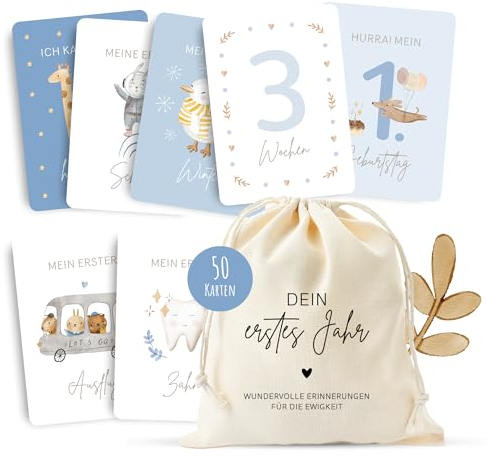 MeinBaby123® Meilensteinkarten Dein erstes Jahr | Meilenstein Karten Set Geschenk zur Geburt | Fotokarten für das erste Jahr | 50 Karten Inkl. Baumwollsäckchen (blau)