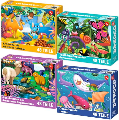 QUOKKA Puzzle ab 4 5 6 Jahre - 4x48 Teile Rahmenpuzzle Spiele für Jungen und Mädchen - Bunte Puzzle mit Amazonas-Regenwald, Insekten und Meerestiere - Geschenk Spielzeug für Kinder 3 7 Jahre