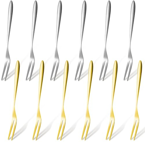 12-teiliges Premium-Gabel-Set, Edelstahlgabeln, Tafelgabeln, Gebäckgabeln, Gurkengabel für Dessert, Kuchen, Obst, Salat, Vorspeise, silbrig und golden, für Zuhause, Küche, Party im Freien