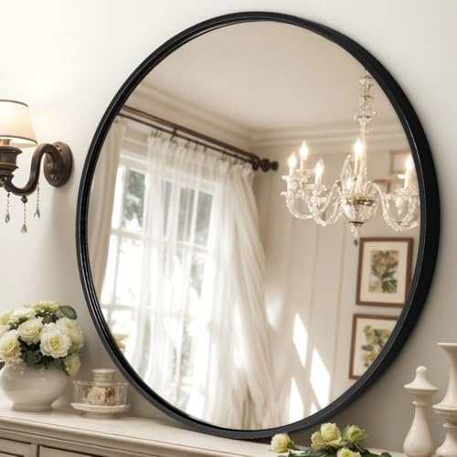 DARDVORLAG 40CM Runder Hochauflösender Wandspiegel Aus Aluminium Dekorativer Wandspiegel Dekorativer Schminkspiegel Geeignet Anwendbar Auf Badezimmer Schminktisch Schlafzimmer- Schwarz