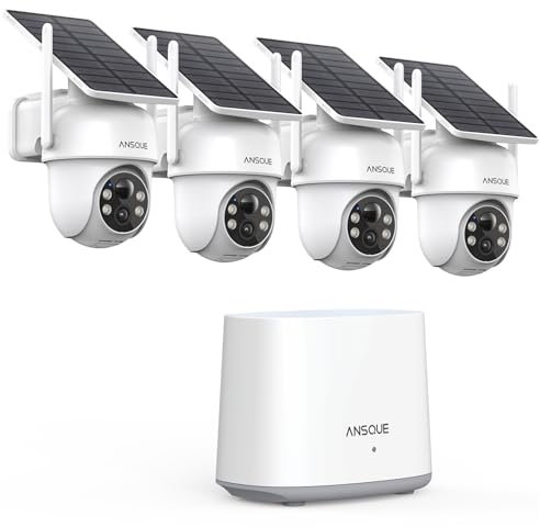 ANSQUE 2K Camera Surveillance WiFi Exterieure sans Fil Solaire à Batterie, Kit 4 Caméras avec Home Station, Zéro Frais, PTZ 360°, Suivi Automatique, Vision Nocturne en Couleur, Alarme Lumineuse Sonore