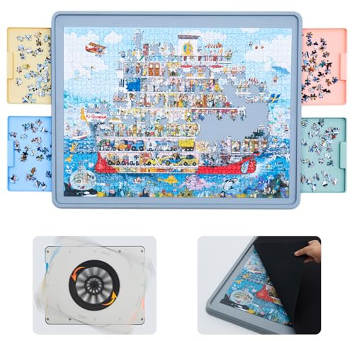WELGEE Roterande pusselbräda för 1 500 bitar med lådor och skydd | Uppgraderad Lazy Susan snurrande pussel organiseringsbord (89 cm x 68 cm) | hållbar ABS-plast, idealisk present till mamma