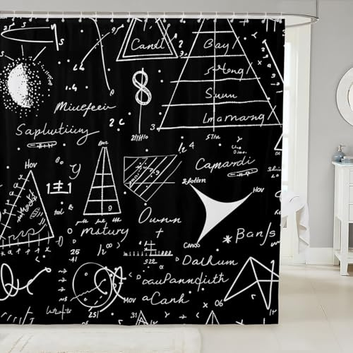 TDTRADD Juego de cortina de ducha con telón de fondo de pizarra oscura para baño, ecuaciones matemáticas, eje geométrico, arte de 72 pulgadas de ancho x 72 pulgadas de largo, estudiantes de ciencias