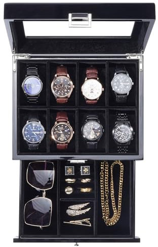 ProCase Boite Montre Homme en Bois, Coffret Montre à 2 Niveaux, Rangement Montre avec 8 Emplacements 1 Tiroir -Noir