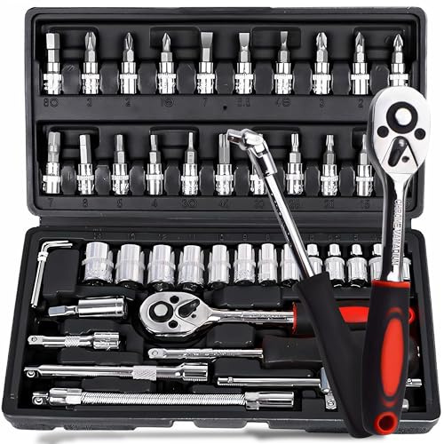 Retoo set di chiavi a bussola da 1/4, 46 pezzi, cricchetto reversibile e impugnatura per cacciavite, set di attrezzi per meccanici, cassetta degli attrezzi per auto, casa e fai da te, nero