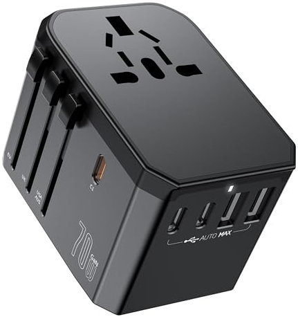Adattatore da viaggio 70 W in tutto il mondo, adattatore con 3 USB-C, 2 USB-A e 1 presa AC, spina da viaggio per Germania, USA Regno Unito, Francia, Spagna, Giappone, Thailandia Italia da oltre 200