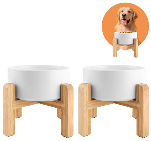 Oungy Set di 2 ciotole per cani in ceramica, rialzate, con supporto in bambù, per cani e gatti (850 ml, bianco)