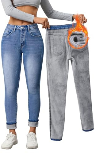 Minetom Damen Thermo Jeans Winter Fleece Gefütterte Jeans Slim Fit Warm Skinny High Waist Denim Thermojeans Mit Innenfleece Thermohose A Blau M