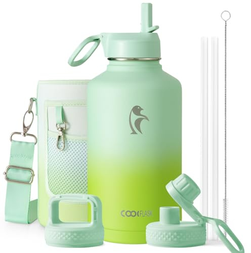 Coolflask - Borraccia termica da 2l, con cannuccia e 3 coperchi, brocca per l'acqua da 2l, in acciaio inox, con imboccatura larga, per sport, palestra o ufficio, senza BPA, mantiene il