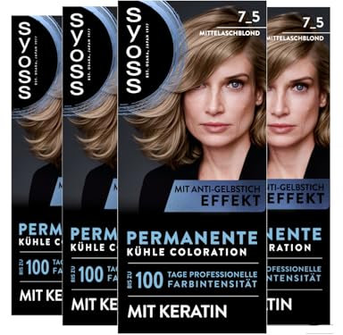 SYOSS Coloration 7_5 Mittelaschblond (4x 115 ml), permanente Coloration mit Keratin verleiht einen kühlen Farbton für bis zu 100 Tage professionelle Farbintensität, mit Anti-Gelbstich-Effekt