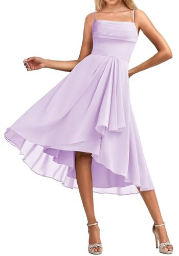 HPPEE Spaghetti Strap Breve Abiti da Damigella d'onore per Juniors Pieghe Senza Maniche Chiffon Abito Formale, Lilla, 46