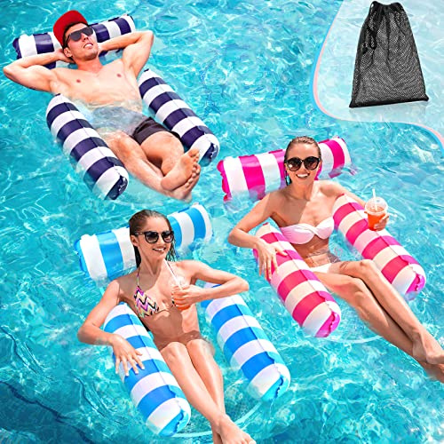 Lot de 3 hamacs de piscine gonflables pour adultes – Salon d'eau flottant ergonomique avec porte-gobelet et oreiller pour se détendre à la piscine, au lac et à la plage