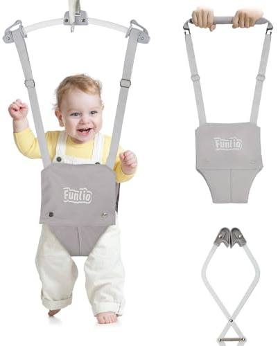 FUNLIO 2-in-1 Baby-Türspringer mit Türklemme und Laufgurt für 6-24 Monate. Stabiler Sprungmechanismus mit verstellbarem Gurt, einfach zu montieren und zu verstauen - Grau