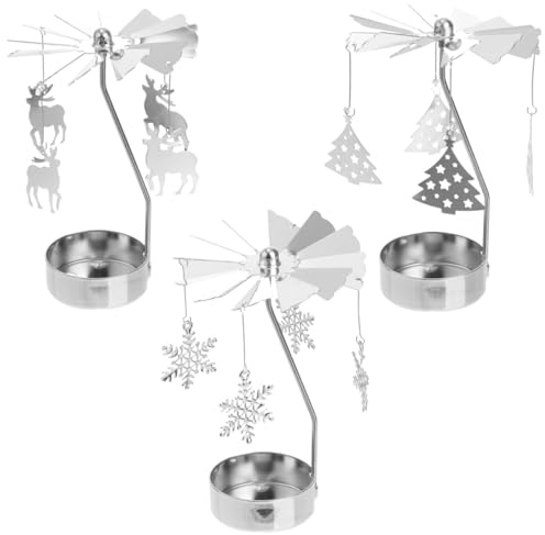VICASKY 3pcs Christmas Tea Light Holder Candlestick Ornaments Iron Rotating Candle Xmas Tree Candlesticks Desktop Ornament for Festival Home Table Wedding Fireplace Decor Silver