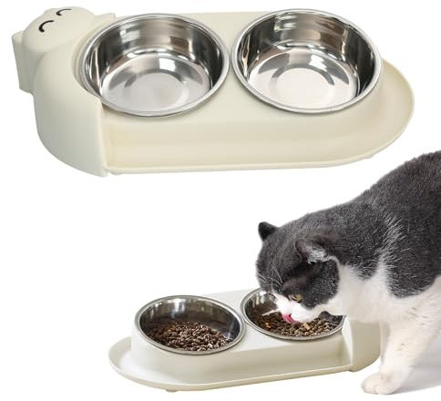 Ciotola Per Gatti Con Protezione Per Il Collo A 15° Ciotola Doppia In Acciaio Inox A Prova di Perdite Per Gatti E Cuccioli Bianco