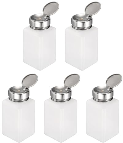 sourcing map 5pcs Solvent Alcohol Dispenser 200ml(6.7oz) Nail Polish Remover Push Down Liquid Dispenser Pump Bottle with Stainless Steel Press Head for Acetone Solution, White