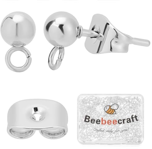 Beebeecraft 1 boîte de 100 Clous d'oreilles à Boule pour la Fabrication de Bijoux 925 plaqués Argent Sterling 304 tiges en Acier Inoxydable avec Boucle Accessoires de Boucles d'oreilles Pendantes