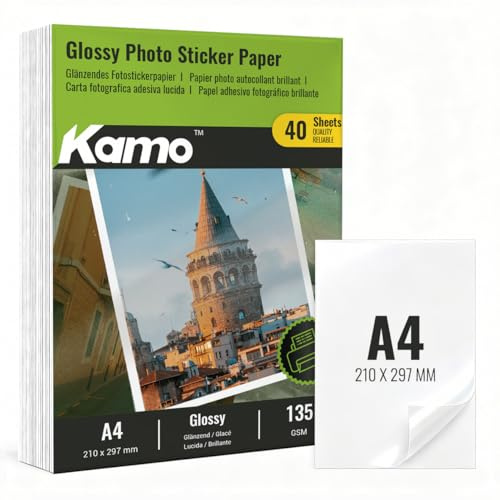 Kamo Selbstklebendes Fotopapier A4, Glänzend, 135 g/m², 40 Blatt, Inkjet-Papier für Sticker, Etiketten, Fotoaufkleber, Scrapbooking und DIY