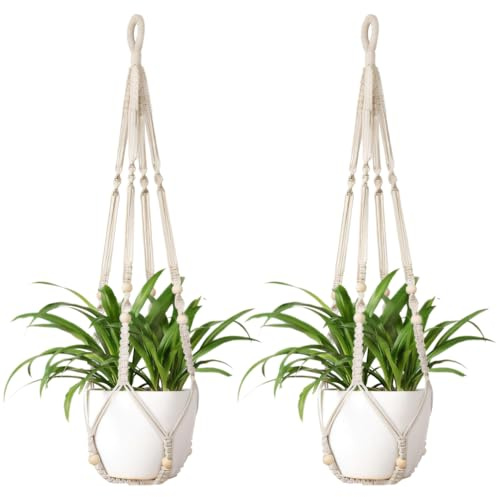MiOYOOW Makramee Pflanzenhänger, 2 Stück Baumwollseil Hängeampel Blumenhänger Pflanzhänger, Boho Topfkörbe Blumenampel für Drinnen und Draußen, Garten, Terrasse, Heimdekoration