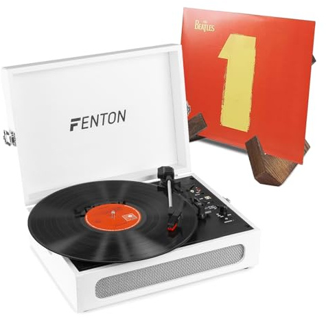 Fenton RP118F Retro Briefcase Vinyl Player with Bluetooth Output, Suitcase Record Player with Built-In Speakers & Wooden Vinyl Record Holder, White PU Leather Finish, Includes USB MP3 Conversion Kit