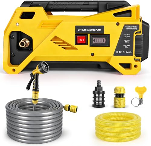 Pompa dell'acqua a batteria per Dewalt 20V (senza Batteria) | 80W, Pompa Autoadescante Portatile, Tubo Uscita 10 m, Ingresso 3 m, Pistola, Display, per Irrigazione