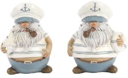 Maritime Wichtel Deko Figuren Set, 2 Stück Kapitän mit Muschel und Rettungsring, Polyresin, Weiß-Blau-Grau, 10,5 cm Höhe, Nautischer Stil