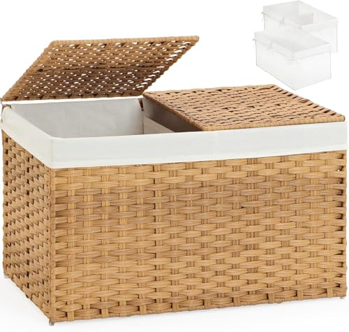 Cesta de almacenamiento de mimbre de 65 litros con 2 tapas separadas, baúl de almacenamiento de mimbre de ratán tejido a mano con 2 forros extraíbles, caja de almacenamiento tejida de ratán con asas