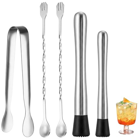 5 Pcs Cocktail Muddler Set, Stainless Steel Bar Spoon Kit with Ice Tongs, Muddler & Cocktail Spoon for Home and Bar Drink Making