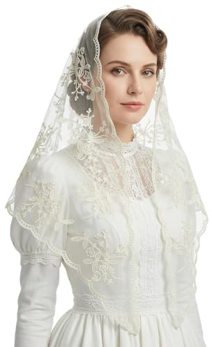 IHLOOTD Mantilla Katholisch Schleier Dreiecks Schleier Kirchenschleier Hochzeitsschleier mit Spitze Elegant Brautschleier für Kirchliche, Hochzeit, Maskerade, Cosplay