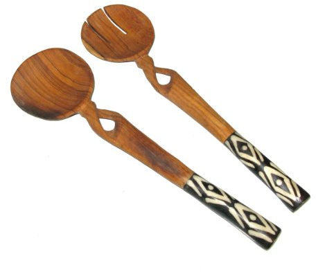 Cubiertos de ensalada de madera de olivo trenzado con asas de hueso