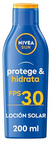 NIVEA SUN Protege & Hidrata Leche Solar FP30 (1 x 200 ml), protector solar hidratante y resistente al agua, crema solar con protección UVA/UVB, protección solar alta