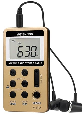 Retekess V112 AM FM Radio Portable, Mini Radio,Digital Tuning Rechargeable Battery LCD Display for Walking Jogging(Gold)