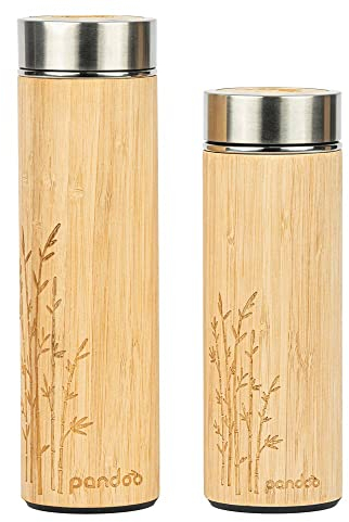 pandoo - Thermos in bambù a doppia parete – Contenitore da viaggio, teiera, bottiglia da tè, borraccia con infusore in acciaio inox – senza BPA – Pronto all’uso, Acciaio INOX Legno, 360 ml