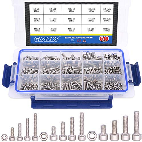 Glarks 510Pcs M3 M4 M5 304 Stainless Steel Hex Socket Head Cap Screws With Nuts Assortment Kit