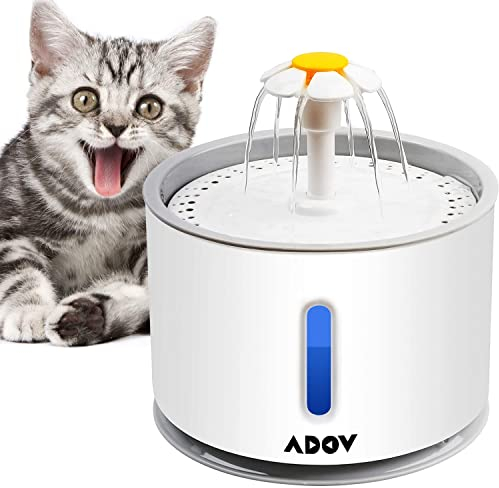 ADOV Cat Water Fountain, 2.4L Automatic Electric Flower Style Dispenser with LED Water Level Window and Replaceable Filter, Ultra Quiet Healthy and Hygienic Pet Drinking Bowl for Kitten, Dogs – Grey