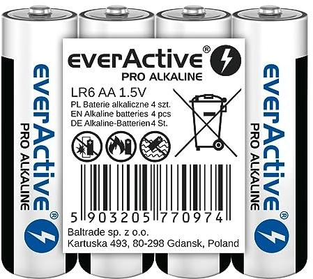 everActive AA Batterien 4er Pack, Pro Alkaline, Mignon LR6 R6 1.5V, höchster Leistung, 10 Jahre Haltbarkeit, 4 Stück