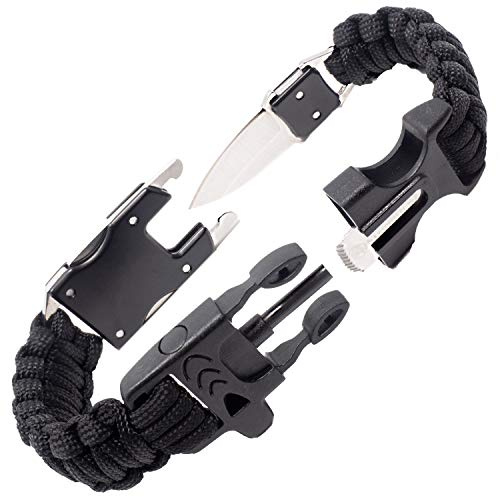 Steinbock7 Survival Armband Herren, Paracord mit Messer, Feuerstahl, Pfeife & Schaber, Bushcraft Outdoor Kit in Metall Geschenkbox, Schwarz