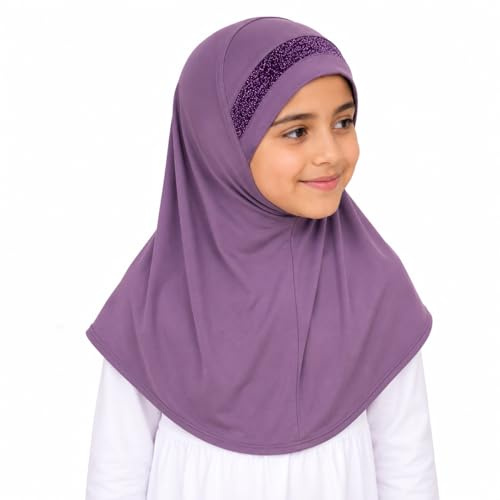 Yaqeen Girls instant headscarf hijab al Amira with glitter borde, readymade pull on scarf, ideal for any occassion school/nursery (Lilac)
