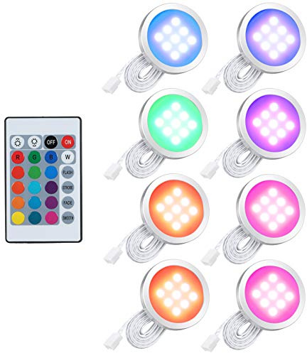 Lixada 8 st RGB LED-skåpbelysning, installationssats med fjärrkontroll för bokskåp, väggskåp, tunn rund form, underbyggd lampa, färgförändrande, dimbar ljusstyrka, justerbar