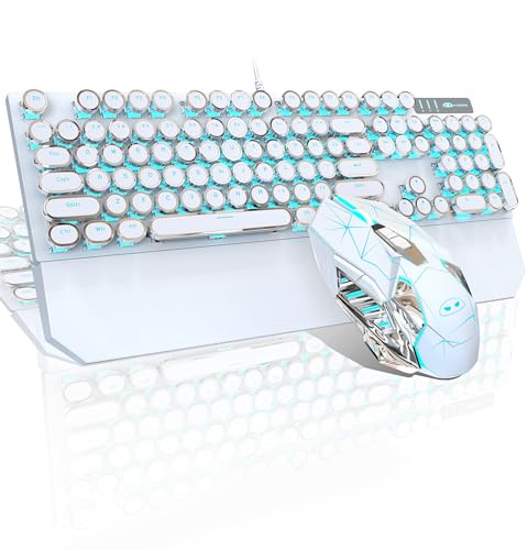 Typewriter Mechanical Gaming Keyboard and Mouse Combo, Retro Punk Round Keycaps RGB Rainbow Backlit Wired Keyboard for Game and Office, for Windows Laptop PC, Red Switches(White)