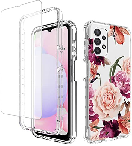Yerebel Case for Galaxy A13 4G/A13 LTE 4G SM-A135F with Tempered Glass Screen Protector, Floral Design Shockproof Bumper Full Body Protective Cell Phone Cover for Samsung Galaxy A13 4G (Purple Flower)
