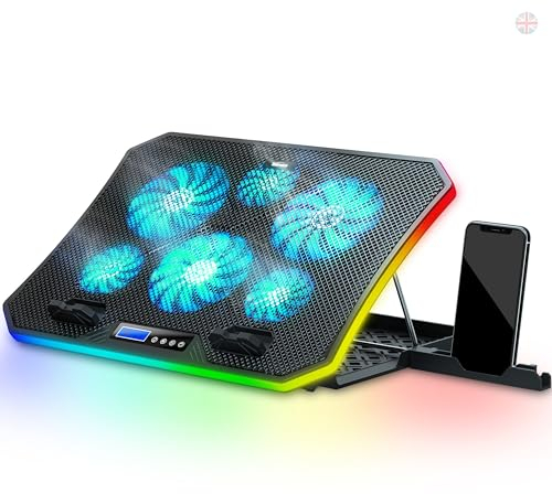 TopMate C12 Laptop Cooling Pad RGB Gaming Notebook Cooler for Desk and Lap Use, Laptop Fan Stand 8 Adjustable Heights with 6 Quiet Fans and Phone Holder, for 15.6-17.3 Inch Laptops -Ice Blue LED Light