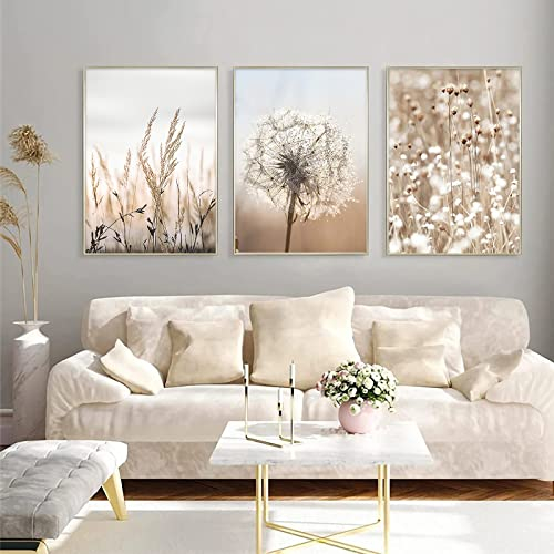 Trayosin 3er Premium Poster Set,Moderne Bilder Wanddeko Wohnzimmer,Wandbilder Schlafzimmer,Boho Pampasgras Deko,Bilder Beige - ohne Bilderrahmen (B,50x70cm)