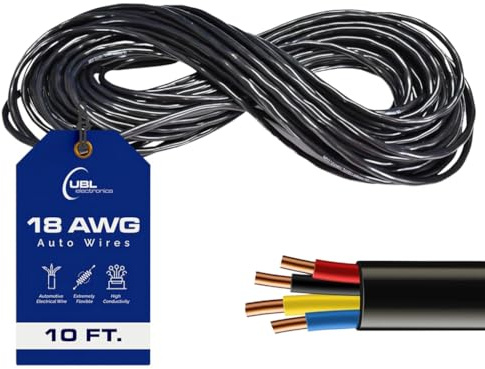 UBL 18 Gauge 4 Conductor Electrical Wire – Flexible, Weather-Resistant Low Voltage LED Stranded 18/4 Cable – Automotive Wire for Powering High Amperage Sirens or Light Bar (10 Feet)