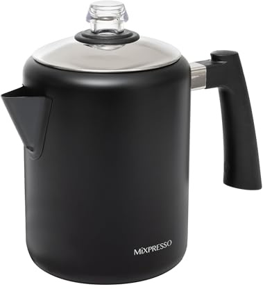 Mixpresso Schwarzer Edelstahl-Kaffee-Perkolator-Herd, 1050 ml, klassische Perkolator-Kaffeekanne, hervorragend für Camping-Topf, 5–8 Tassen Herdplatte, Cool-Touch-Griff