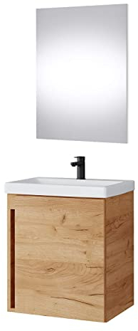 Planetmöbel Mobiletto in rovere oro 50 cm con lavabo e specchio, set di mobili da bagno per il bagno degli ospiti