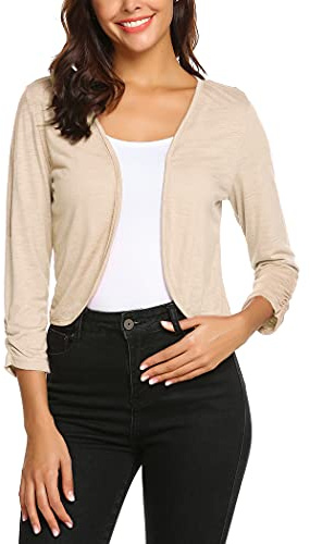 Parabler Boleros da Donna Elegante Cardigan Corto con Maniche a 3/4 Giacca unicolore per Abito da Sera Cardigan Festivo Casual da Sposa Champagne S
