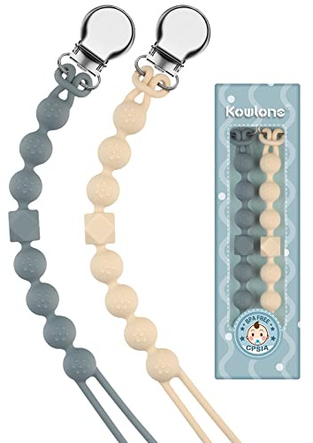 Kowlone Cadenas Chupetes Silicona Clips De Chupete Para Bebé Porta Chupetero Soothie Clip Sujeta Chupete Holder Binky Clips Niño Chicas 2-Paquetes(Beige,Gris)